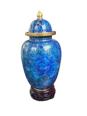 Vintage Blue Peony Cloisonne Enamel Lidded Ginger Jar with Wood Stand